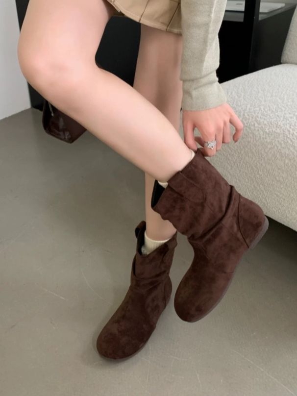 Vintage Style Fashion Denim For Women 2024 New Pointed Toe Chunky Heel Ruched Short Martin Riding Boots_desvips.com