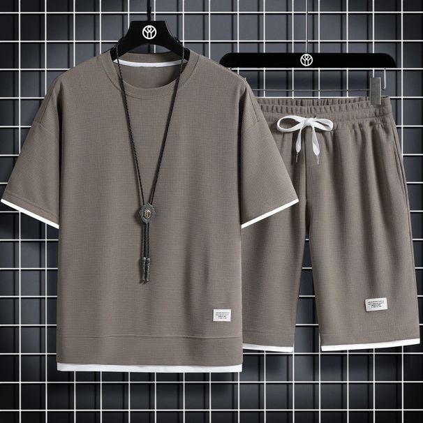 Cross-Border Dropshipping Waffle Sports Casual Set For Men In Stock Wholesale Hong Kong Style Loose Fake Two-Piece Short_desvips.com
