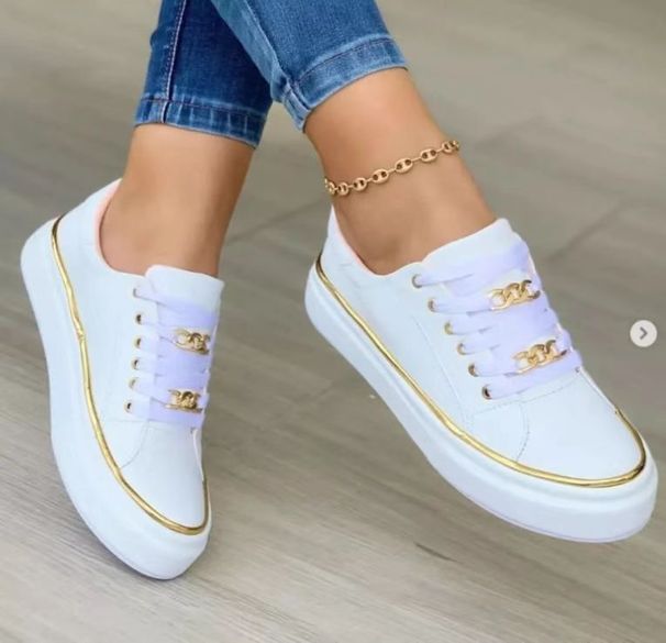 Women Metal Chain Sneakers Thick Bottom Low-top Sports Shoes Lace Up Flats Lightweight Walking Trainers Deportivas De_desvips.com