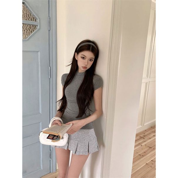 Morning Collar Sweet And Spicy Girl Gray Low-Waist Ultra-Short Women's Sporty Pure Desire Pleated Mini Anti-Exposure_desvips.com