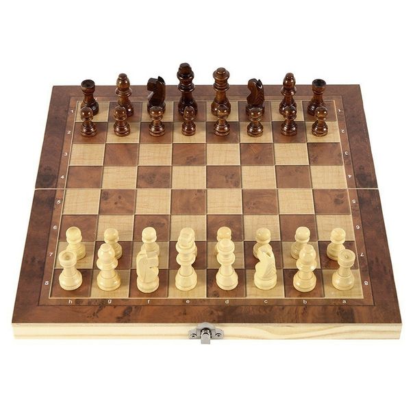 Wooden 3-in-1 Chess Set With Folding Board - Chess, Checkers & Backgammon, Casual Educational Toy_desvips.com
