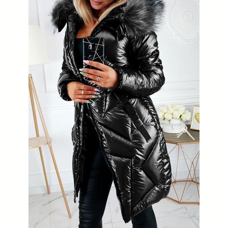 Elegant Long Sleeve Faux Fur Trimmed PU Coat For Women - Slim Fit Winter Jacket With High Gloss Finish, Warm & Stylish (Black, Blue, Dark Green)_desvips.com