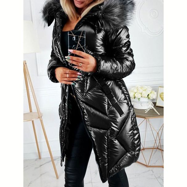 Elegant Long Sleeve Faux Fur Trimmed PU Coat For Women - Slim Fit Winter Jacket With High Gloss Finish, Warm & Stylish (Black, Blue, Dark Green)_desvips.com