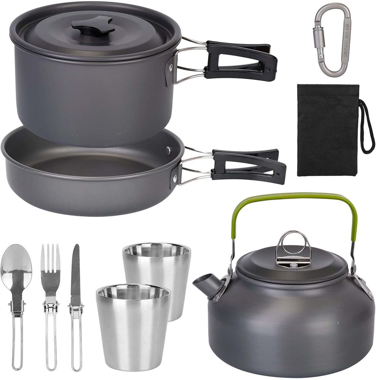 12 PCS Camping Cookware Set, Portable Camp Stove Pots And Pans Set, For Hiking Picnic Outdoor With Cup Fork Spoon Knife, Grey_desvips.com
