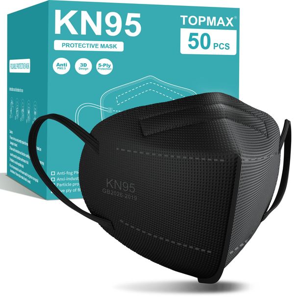 TOPMAX KN95 Face Masks 50 Pack 5-Ply Breathable Filter Efficiency≥95% Protective Cup Dust Disposable Masks Against PM2.5 Black_desvips.com