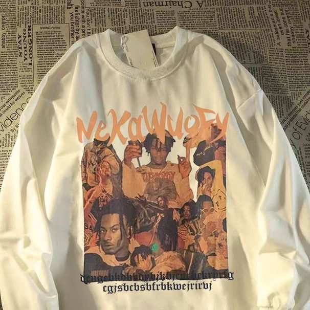 100% Cotton American Hip-Hop Character Print Long Sleeve T-Shirt For Men Women, Autumn And Winter National Trend Brand_desvips.com