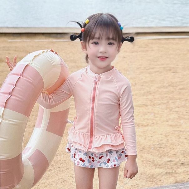 2025 Summer Sun-Protective Long-Sleeve Girls' Swimsuit, Lightweight Polyester Children's Two-Piece Swim Shorts, Casual_desvips.com