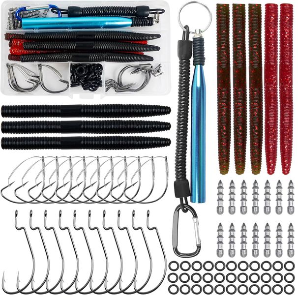 94pcs Bass Fishing Lures Wacky Rig Kit With Wacky Rig Tool O-Rings Worm Hooks Nail Weights For Carolina Texas Rig Fishing Tackle_desvips.com