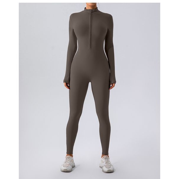 RUANTUTU Women's Winter Fleece-Lined Full-Length Yoga Bodysuit - Long Sleeve Thermal Workout Jumpsuit, Stretchy Gym Wear For Women (Black, Dark Gray)_desvips.com