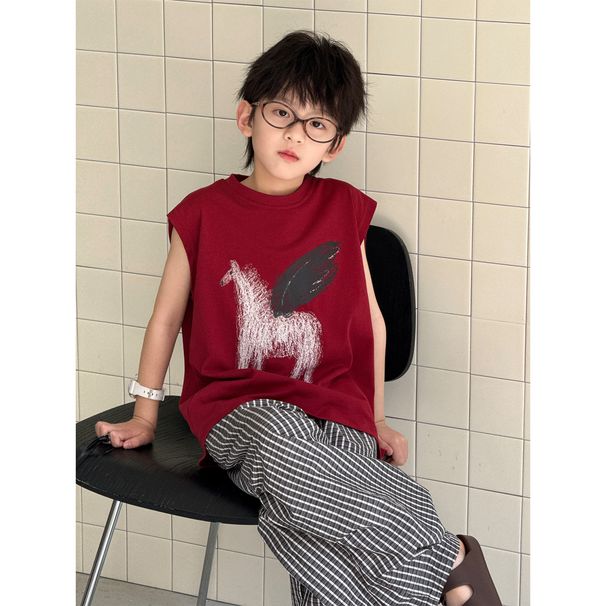 2026 Summer Children's New Korean Style Color-Block Pegasus Print Casual Loose Red Vest Daily Round Neck Top_desvips.com