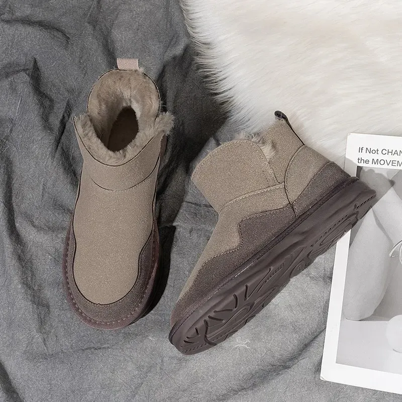 Women's Boots:Simple Design Snow Boots 2024 Winter New Fashion Fleece Warm Anti-slip,Brown/Grey,Free Shipping_desvips.com