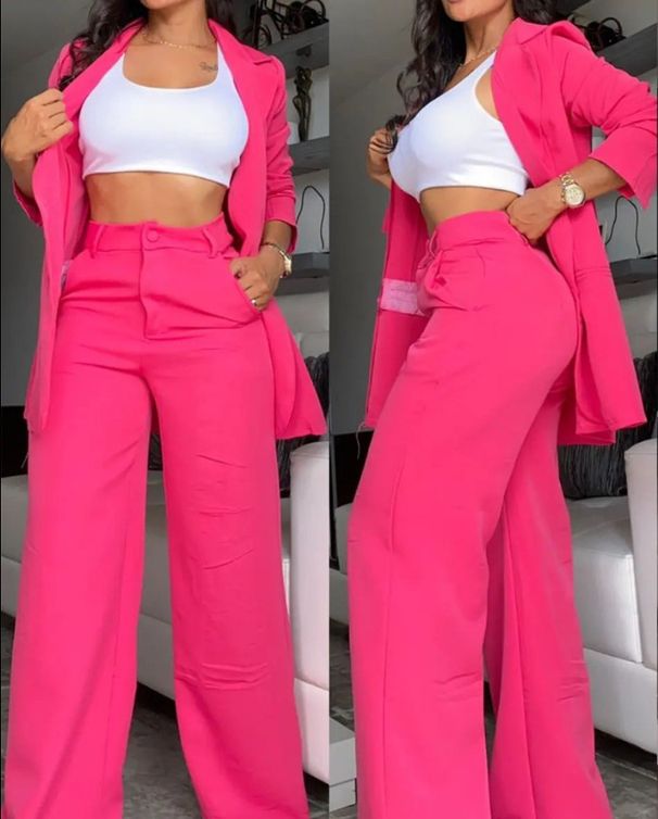 Women's Clothing Elegant Solid Color Split Sleeve Lapel Suit Pocket Straight Pants Suit_desvips.com