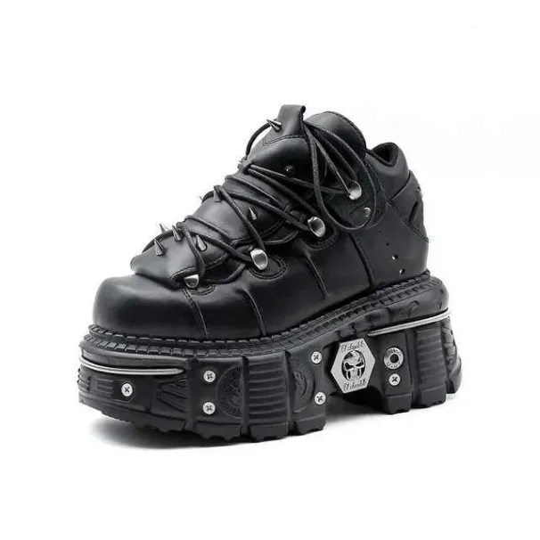 Punk Style Women Lace-Up New Heel Height 6Cm Platform Shoes Gothic Ankle Rock Boots Metal Hot Decor Woman Sneakers_desvips.com