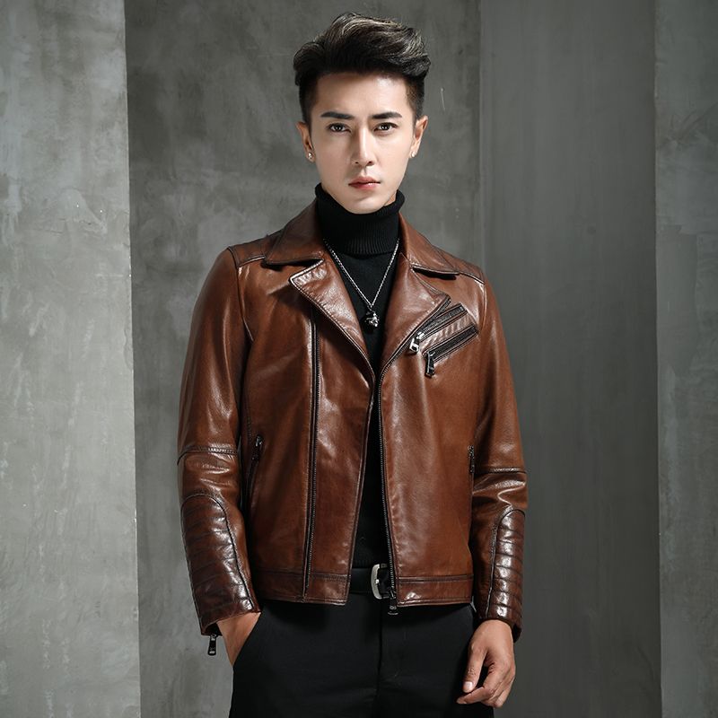Slim Fit Oil Wax Sheepskin Motorcycle Men Genuine Short Haining Leather Jacket Coat Autumn_desvips.com