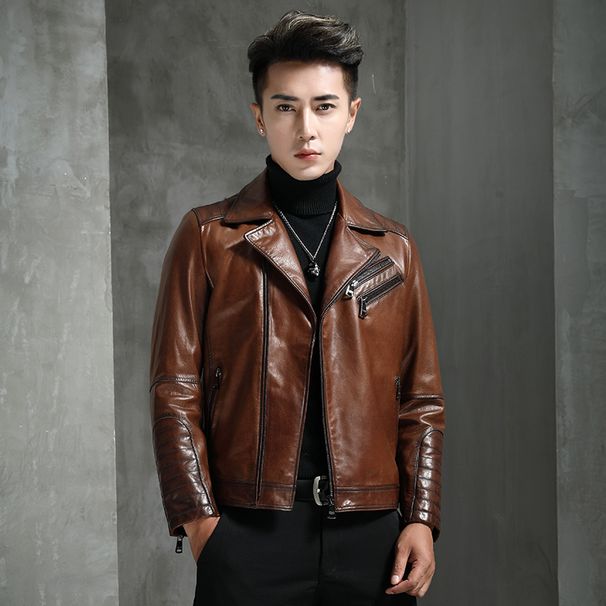 Slim Fit Oil Wax Sheepskin Motorcycle Men Genuine Short Haining Leather Jacket Coat Autumn_desvips.com