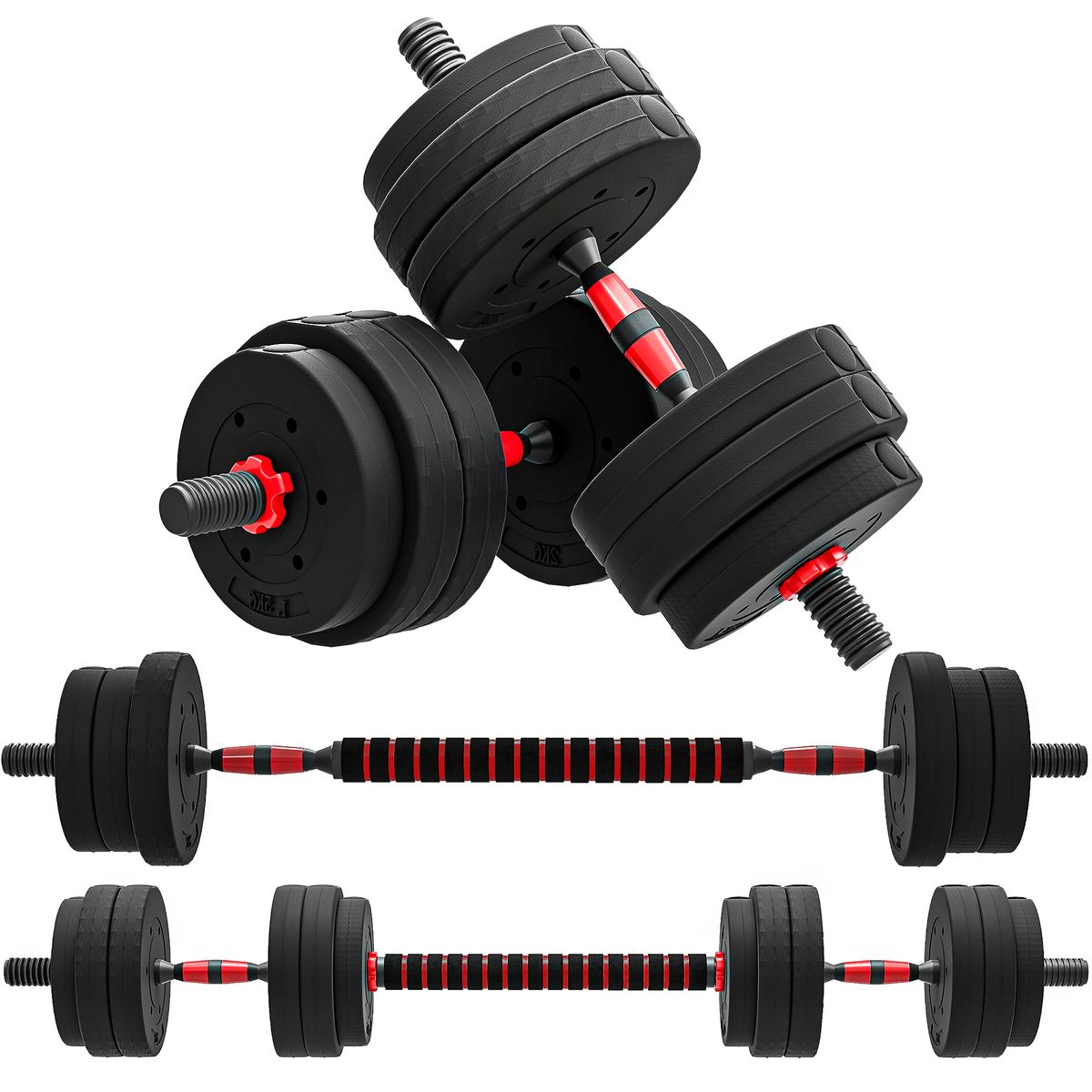 Set Manubri 2 In 1 Da 25kg Totali Con 12 Dischi Pesi E Connettore, Set Manubri Regolabili Utilizzabile Come 2 Manubri, Bilanciere, Palestra In , Nero_desvips.com