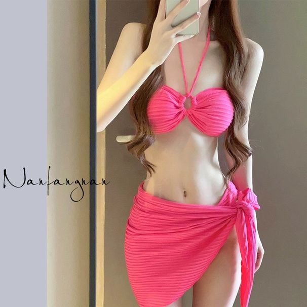 Bikini Three-Piece Set Beach Vacation Triangle Sexy High-End White-Enhancing Rose Red Hot Spring Swimsuit For Women_desvips.com