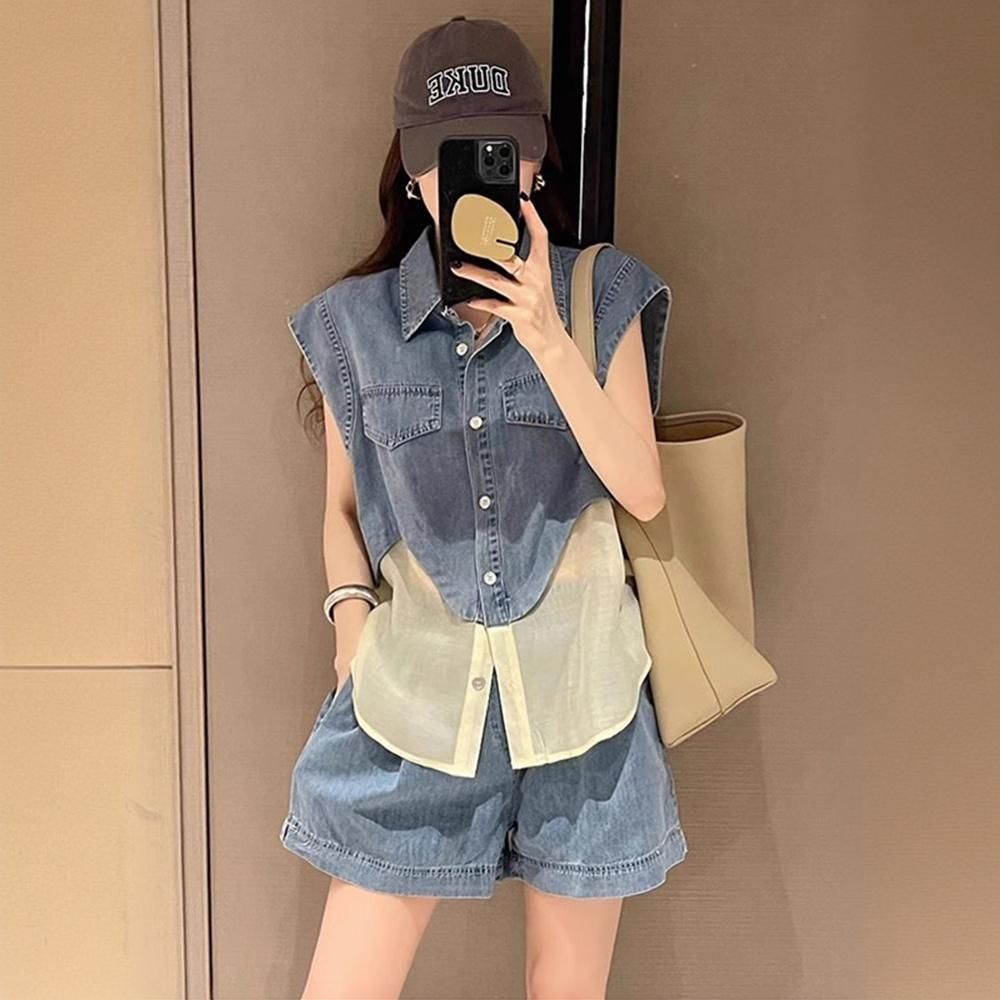 Casual Sports Suit For Women, Summer Street Style, Youthful Trendy, Petite Denim Patchwork Sleeveless Vest And Shorts_desvips.com