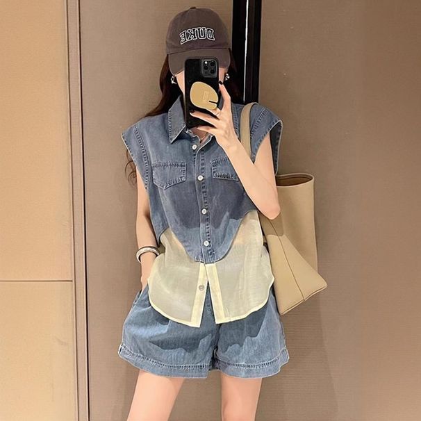 Casual Sports Suit For Women, Summer Street Style, Youthful Trendy, Petite Denim Patchwork Sleeveless Vest And Shorts_desvips.com
