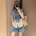 Casual Sports Suit For Women, Summer Street Style, Youthful Trendy, Petite Denim Patchwork Sleeveless Vest And Shorts_desvips.com