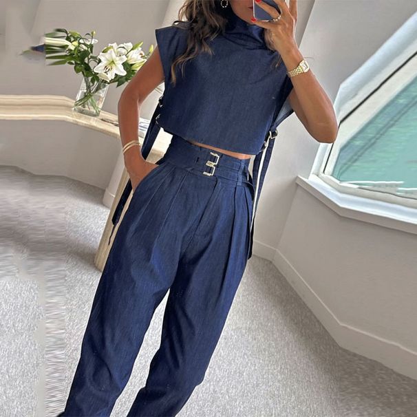 Women's solid color flying sleeves and ribbon short tops slim belt straight pants suit_desvips.com
