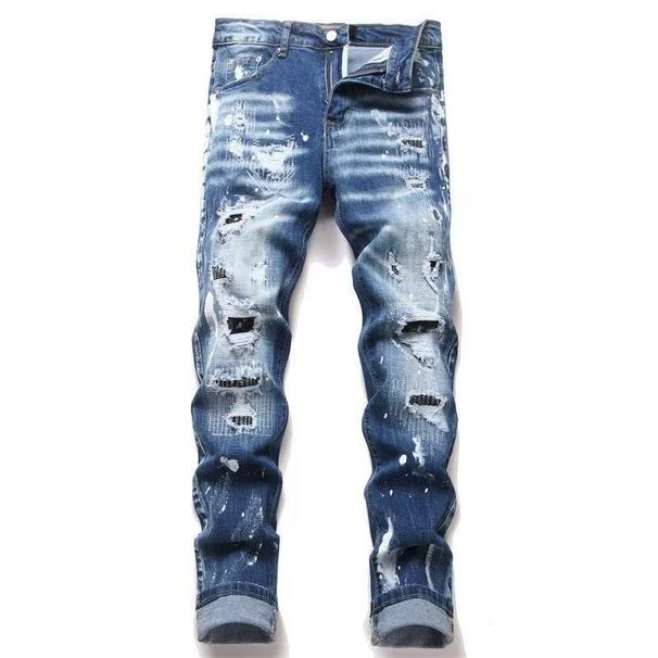 New Light Luxury Ripped With Ink Splatter, Trendy Patched Trousers, Fashionable Men's Stretch Slim-fit Skinny Jeans 2026_desvips.com