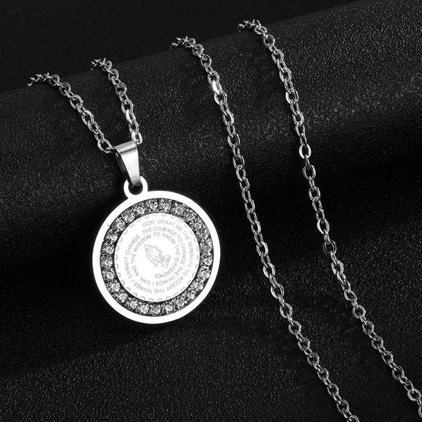 Stainless Round Pendant Necklace Praying Hands Inlaid With Zircon Gold Black Steel Color Fashion Accessory For Men And_desvips.com