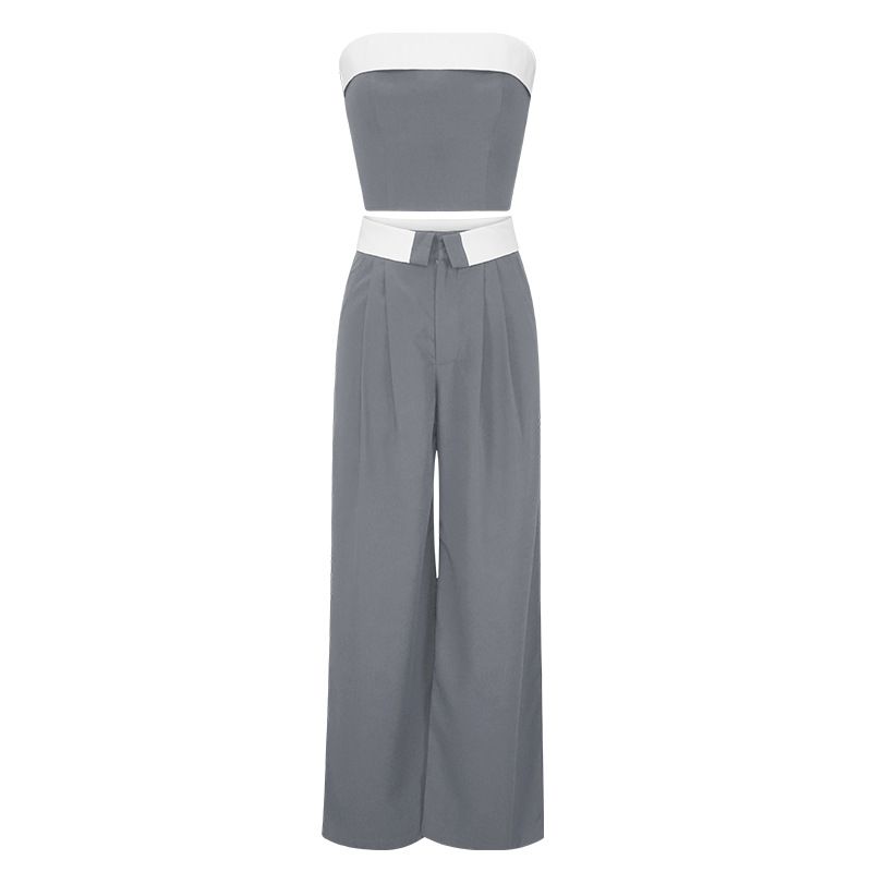 Women's color contrast vest wide leg suit pants fashion casual two sets_desvips.com
