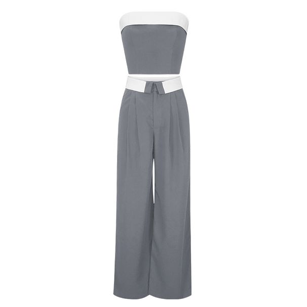 Women's color contrast vest wide leg suit pants fashion casual two sets_desvips.com