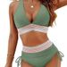 European And American Cross-Border Women's Bikini High-Waist Two-Piece Color Block Set With Drawstring Gathered Tummy_desvips.com