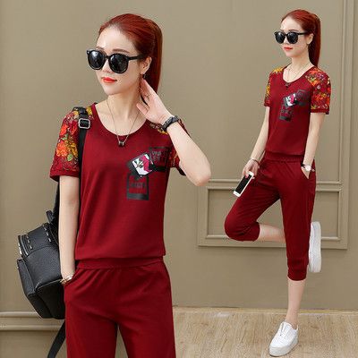 Douyin Summer Sports Set For Plus-Size Women, Casual Running Short-Sleeve Three-Quarter Pants Two-Piece Set,_desvips.com