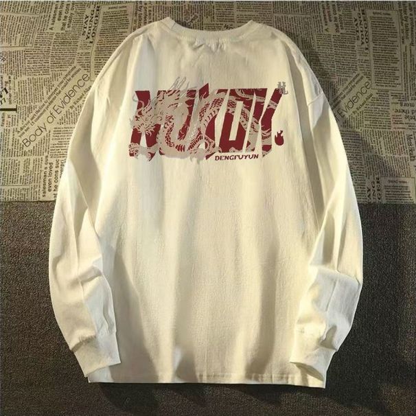 100% Cotton New American Style Cuffed Long Sleeve T-Shirt Unisex Loose Fit Autumn Trendy Brand Couple Thin Top_desvips.com
