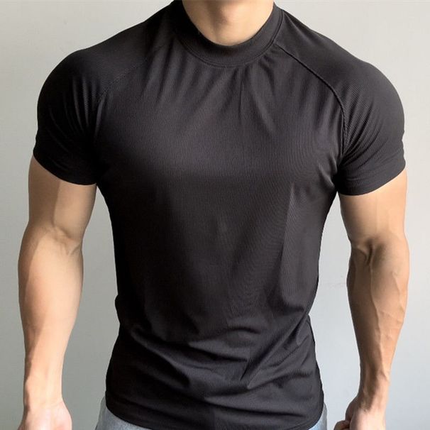 Summer Sports Outdoor Training Short Men's Slim Fit Elastic Quick-Dry Raglan Sleeve Small Neckline T-Shirt Solid Color_desvips.com