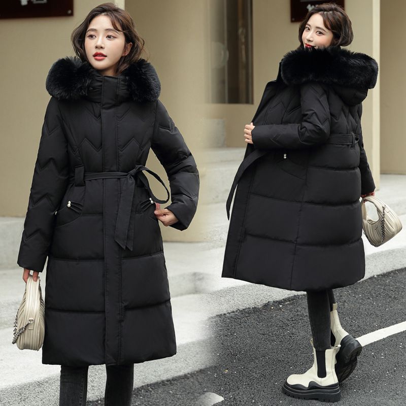 Women's Long Hooded Down Coat With Belt, Thickened Warm Winter Jacket, Fashionable Loose Fit Overcoat With Faux Fur Trim_desvips.com