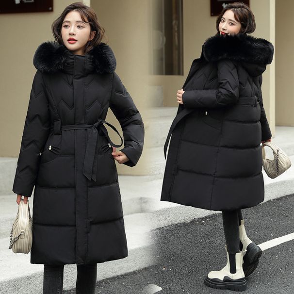 Women's Long Hooded Down Coat With Belt, Thickened Warm Winter Jacket, Fashionable Loose Fit Overcoat With Faux Fur Trim_desvips.com
