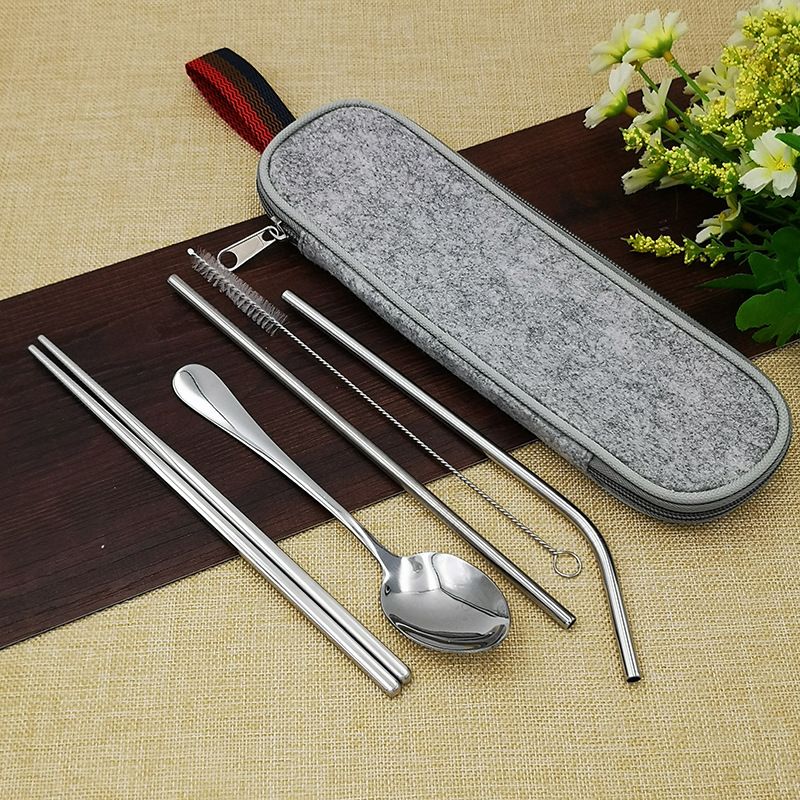 Stainless Steel Knife, Fork, Spoon, Chopsticks Set Outdoor Picnic Portable Tableware Spoon, Chopstick Straw Storage Bag_desvips.com
