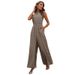 Women's clothing elastic waist high collar halter neck sleeveless floral wide-leg casual pants jumpsuit_desvips.com