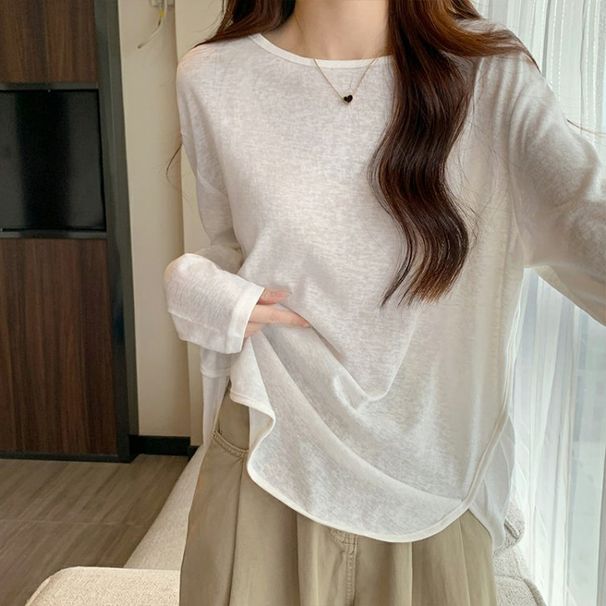 Seaside Long Sleeve Sunscreen Coat T-Shirt 2024 New Round Neck Loose Slim Looking Stylish Thin Smock Top Female Fashion_desvips.com