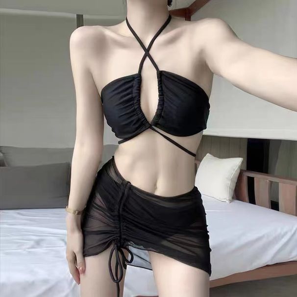 2023 New Women's Swimsuit Three-Piece Set Vacation Sexy Tie Bikini Small Chest Push-Up Hot Spring Swimwear_desvips.com