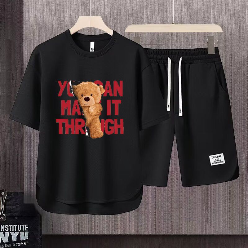 Men's Clothing 2024 Waffle Casual Summer Suit Men's Loose Teen Short sleeved T shirt Shorts Handsome Two piece Suit_desvips.com