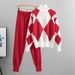 Women's Clothing Casual knitted plaid sweater two-piece set_desvips.com