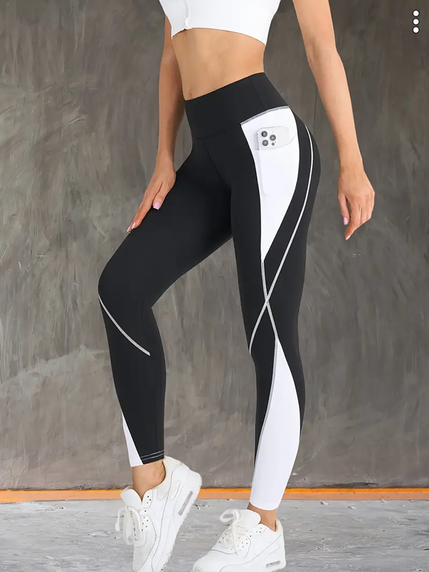 Contrast Color Patchwork Side Pocket Pants High Waist Tummy Control Hip Lifting Yoga Leggings Sportswear For Women_desvips.com