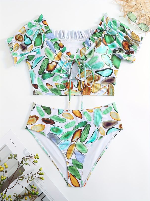 Floral Print Plus Size Bikini Set - Elegant Puff Sleeve Swimwear For Women (High Waist Adjustable Ties Upf 50+)_desvips.com