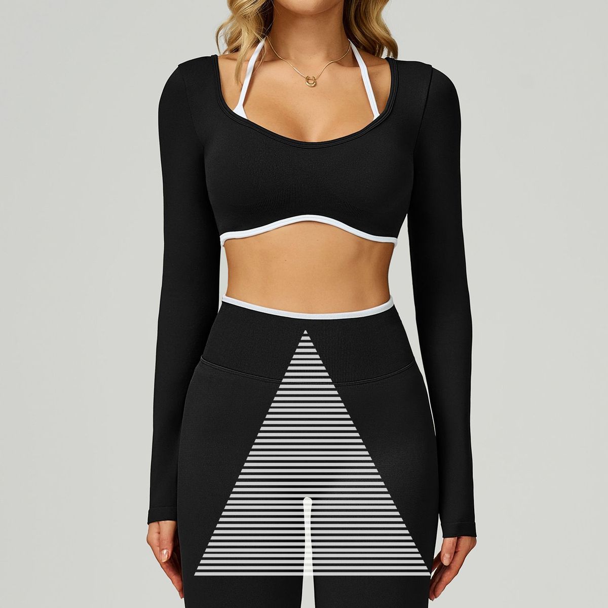 Cross-Border Seamless Color-Block Long Sleeve Two-Piece Slim Fit Yoga T-Shirt Running Sports Fitness Top_desvips.com