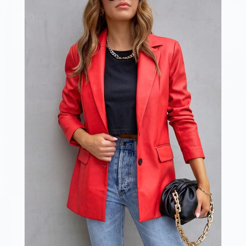 Women's Clothing Street Style Pure Color Casual Fashion Three color Leather Jacket _desvips.com