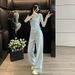 Blue Casual Sports Suit For Women, Summer 2026 New Fashion, Sweet Gentle Style, Top And Wide-leg Pants Two-piece Set_desvips.com