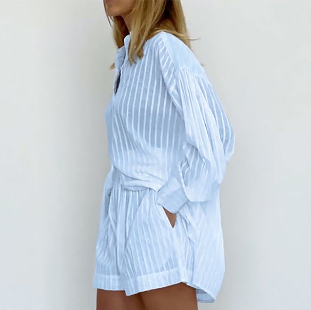 Women's Clothing temperament shirt jacquard striped puff sleeve shorts commuting design casual suit_desvips.com