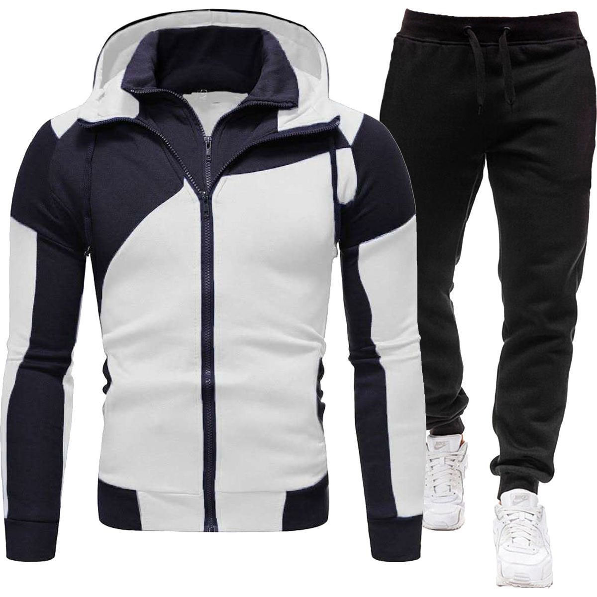 New Men's Suit Personalized Color Blocked Double-layer Zipper Hooded Cardigan Slim Fit Sweatshirt Sweatpants_desvips.com