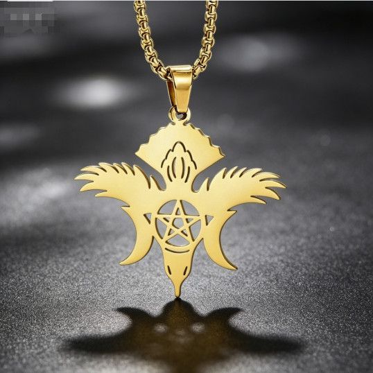 New Year Of The Horse Gold-plated Wing, Star, Moon, Pentagram Pendant Necklace, Unisex Titanium Steel Trendy And Cool_desvips.com