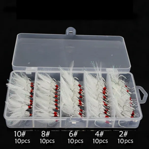 50pcs Feathered Treble Hooks Set Dressed Triple Hook Strong Pull Lure Fishing Hook With Feathers Fishing Accessories_desvips.com